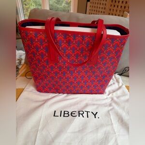 NWOT Liberty Iphis Little Marlborough Tote Red and Orange with purple lining